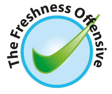 Logo with green checkmark and text 'The Freshness Offensive' in a circle.
