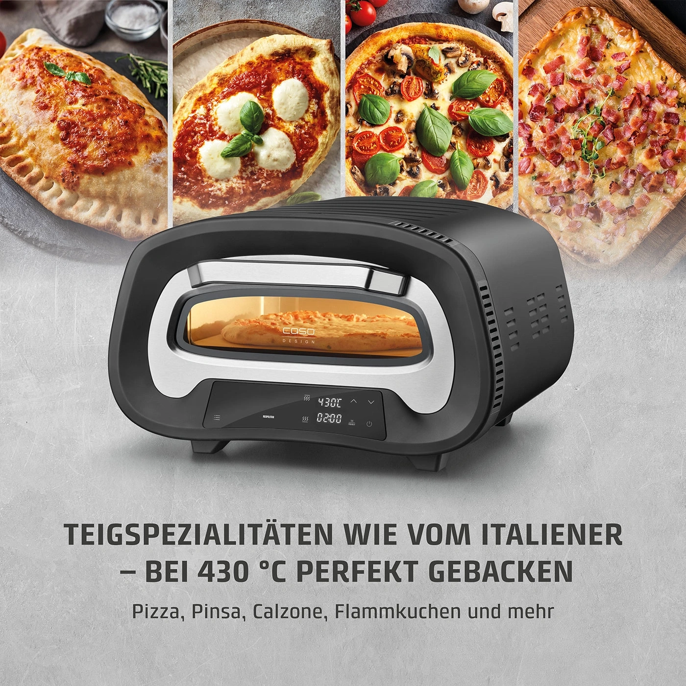 Pizzaofen mit Pizza, Calzone und Flammkuchen, perfekt gebacken bei 430°C.