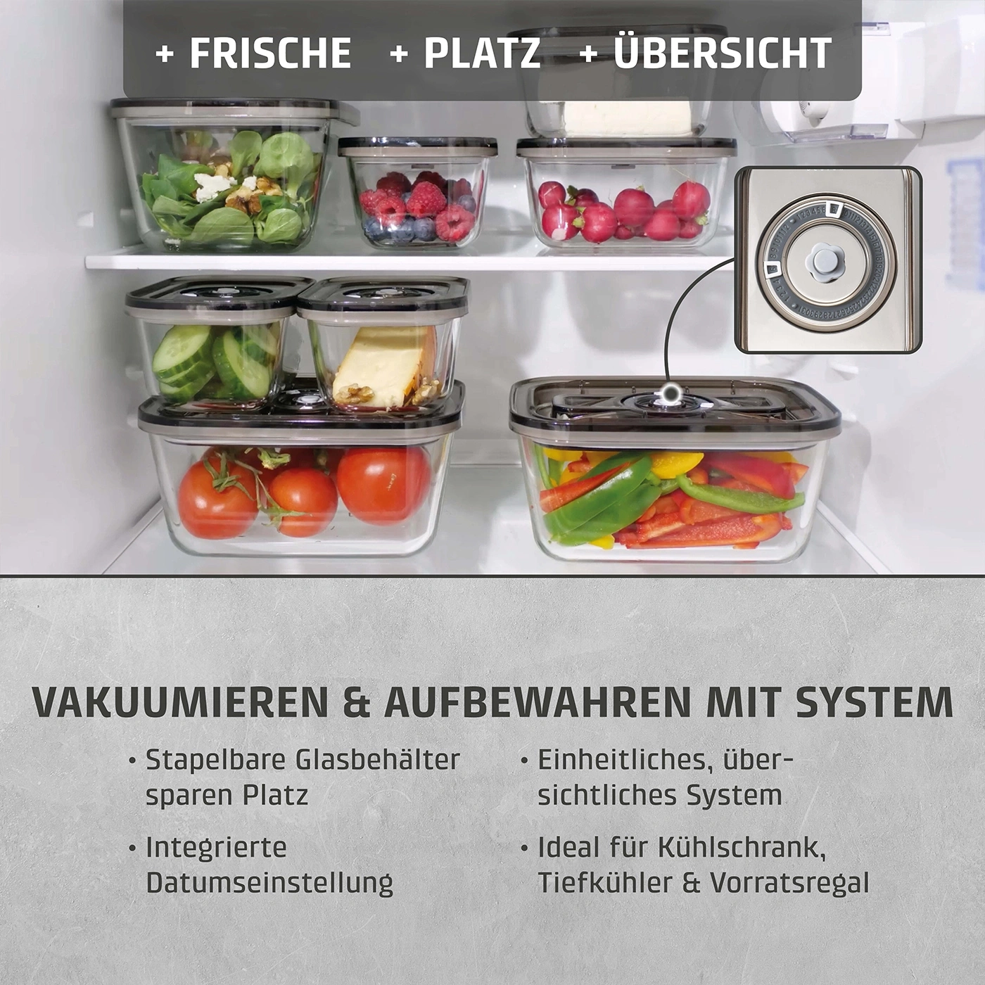 Kühlschrank mit Frischhalteboxen: Vakuumieren, platzsparend, übersichtlich, System.