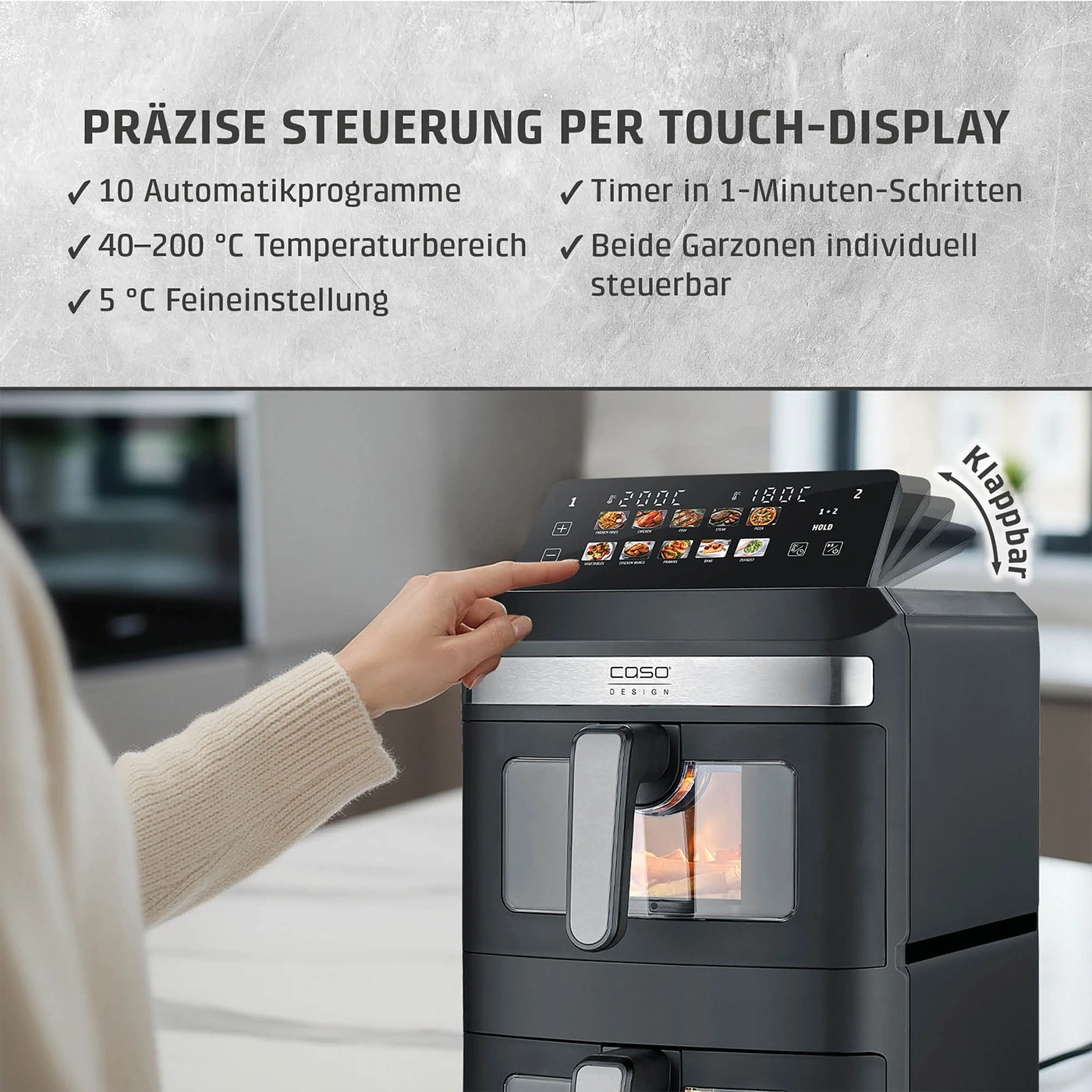 Heißluftfritteuse mit Touch-Display und Kochprogrammen, die eine präzise Steuerung ermöglicht.