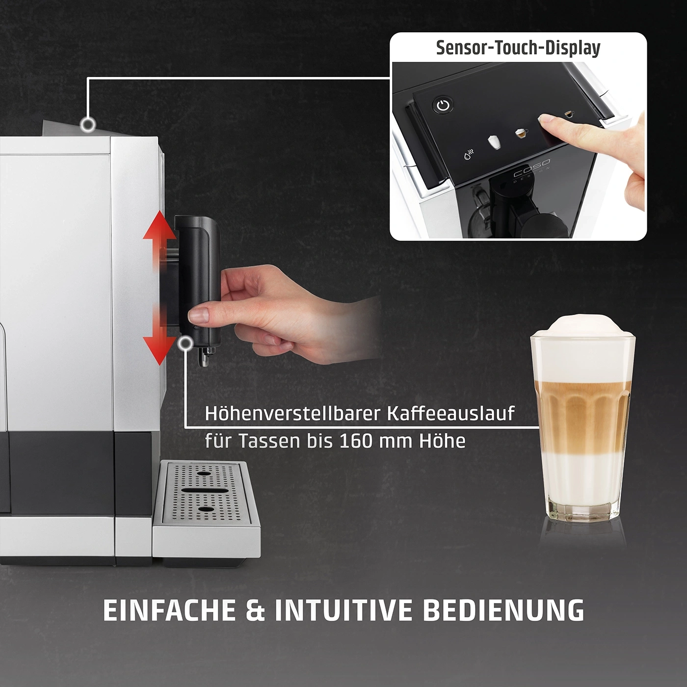 Kaffeemaschine mit Sensor-Touch-Display und höhenverstellbarem Kaffeeauslauf für einfache Bedienung.