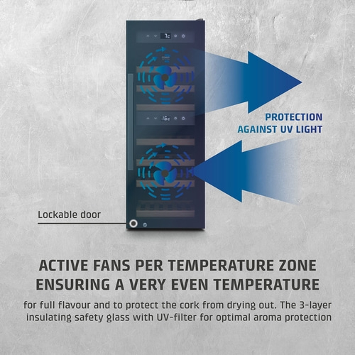 Wine cooler with active fans, UV protection, and a lockable door.