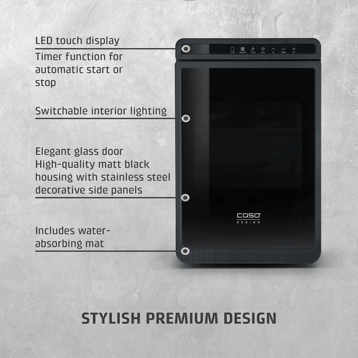 Elegant black wine cooler with stainless steel decor and glass front.