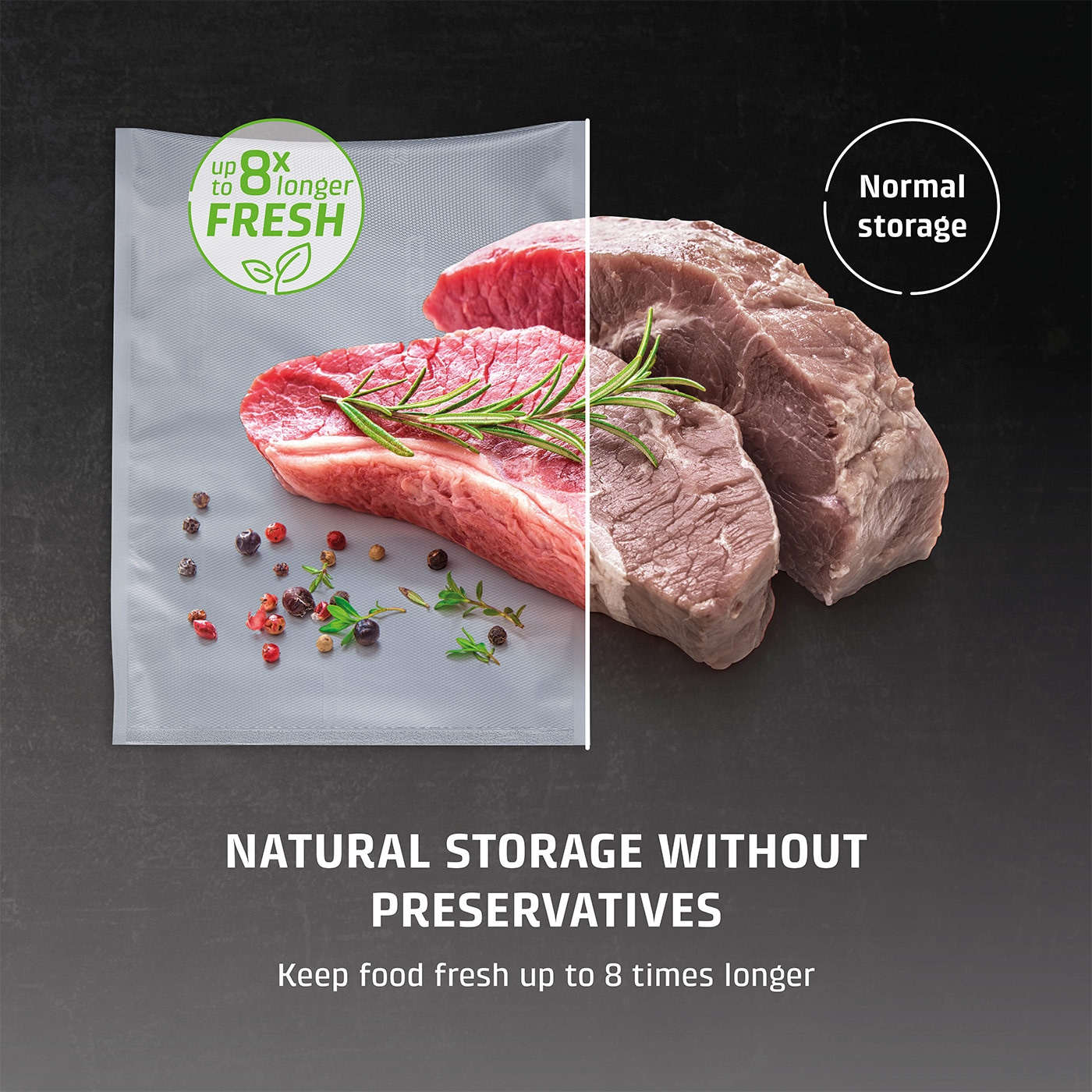 Meat in vacuum bag, fresh up to 8x longer, without preservatives, normal storage