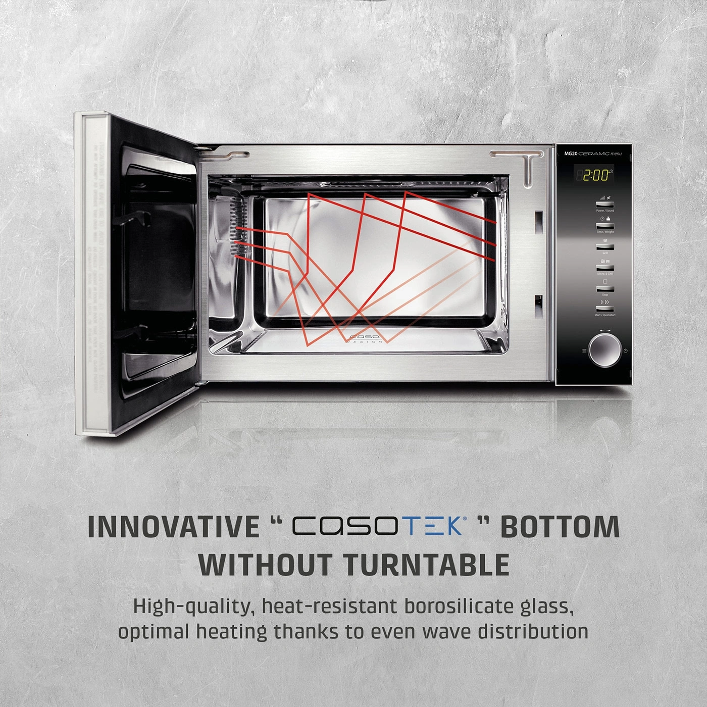 A modern microwave oven with an open door and control panel.