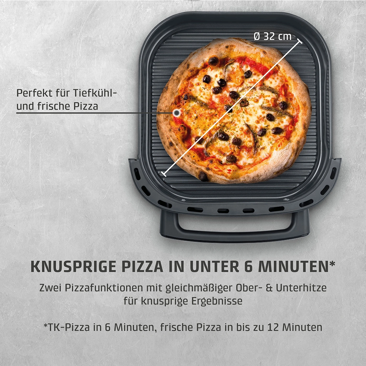 Ein Pizzagrill mit einem Durchmesser von 32 cm.