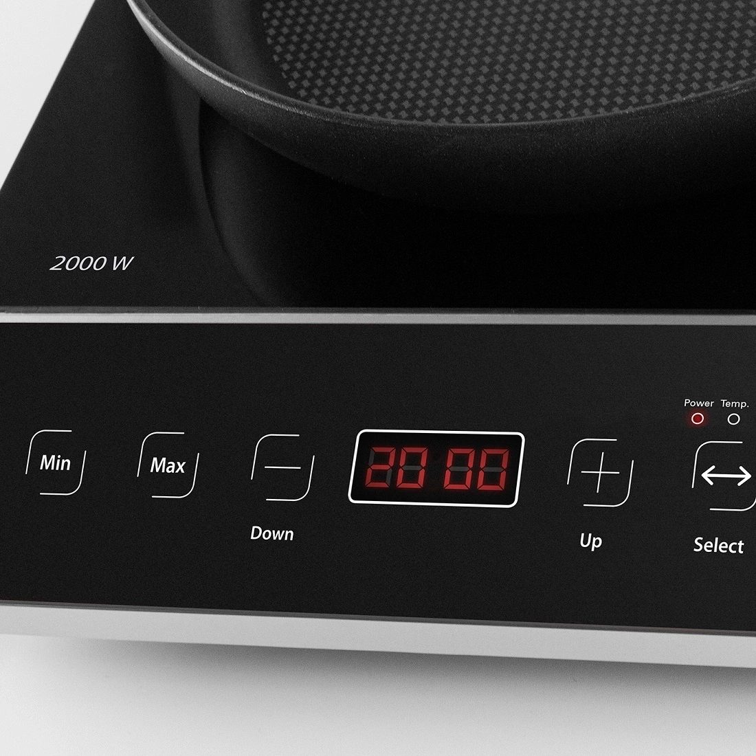 Induction cooktop with control panel, display, and pan. Power is 2000 W.