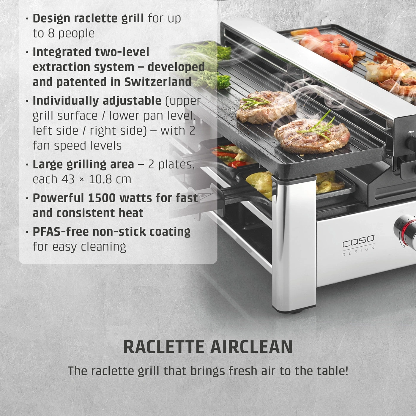 A raclette grill with integrated exhaust hood and grill surface for up to 8 people.