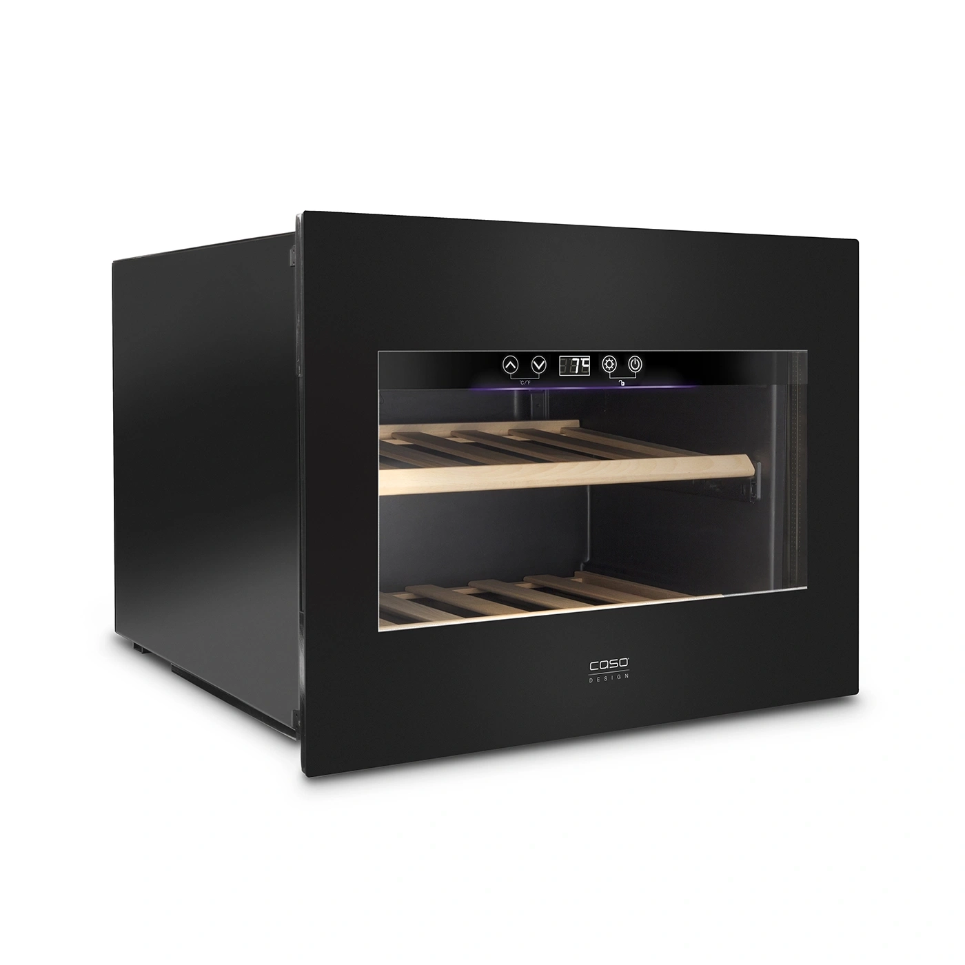 Black wine cooler with wooden shelves and digital display, Caso Design