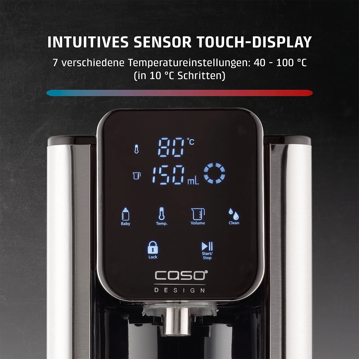 Intuitives Sensor-Touch-Display mit Temperatur- und Volumeneinstellungen.
