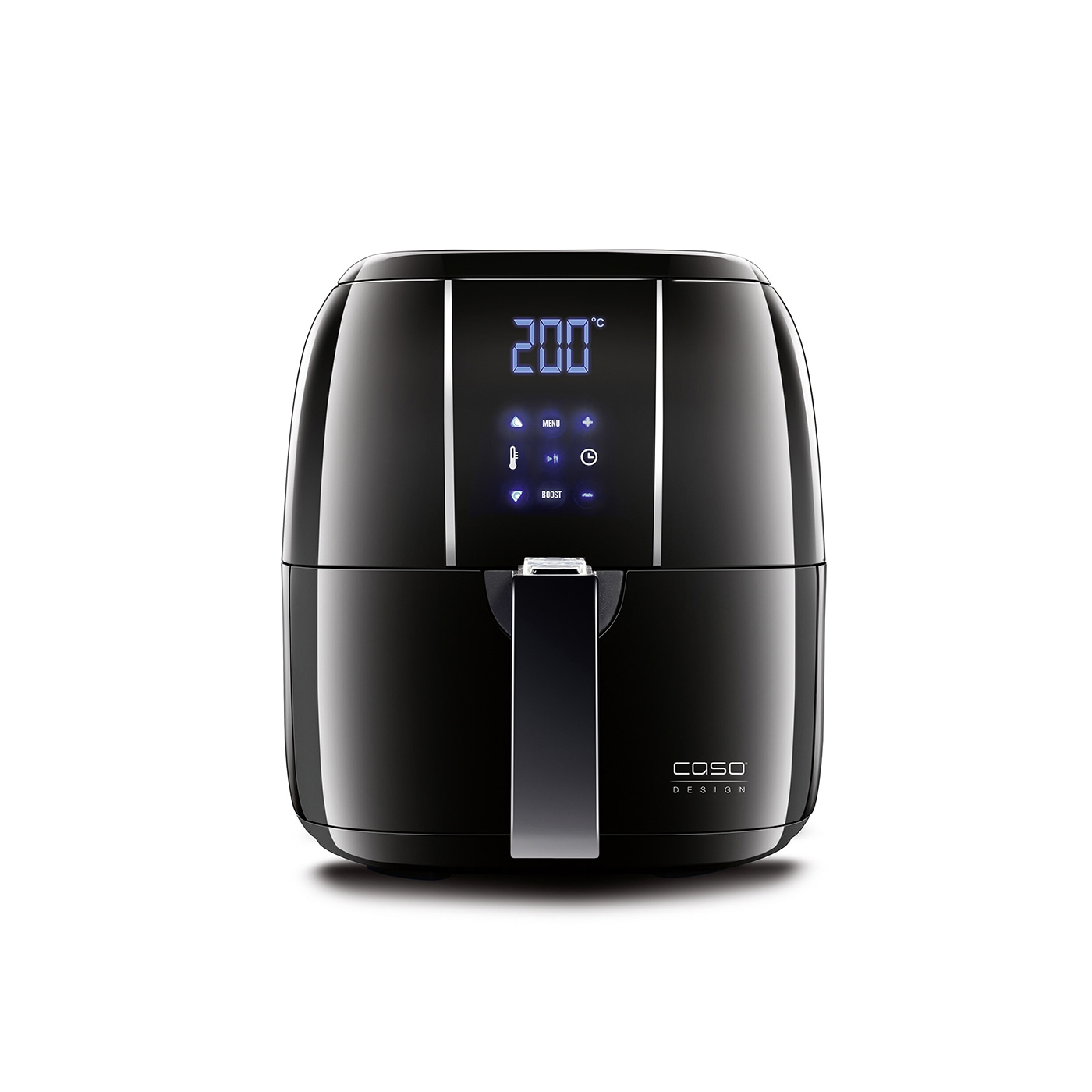 Schwarze Heißluftfritteuse mit digitalem Display und Bedienfeld, Caso Design.