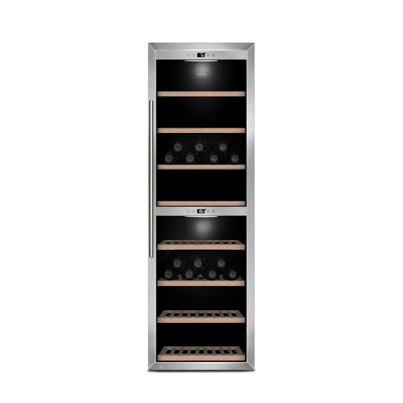 A silver wine cooler with a glass door and wooden shelves, filled with wine bottles.