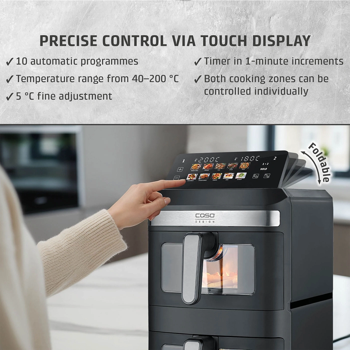 Air fryer with touch display and cooking programs for precise control, showing dual baskets and presets.