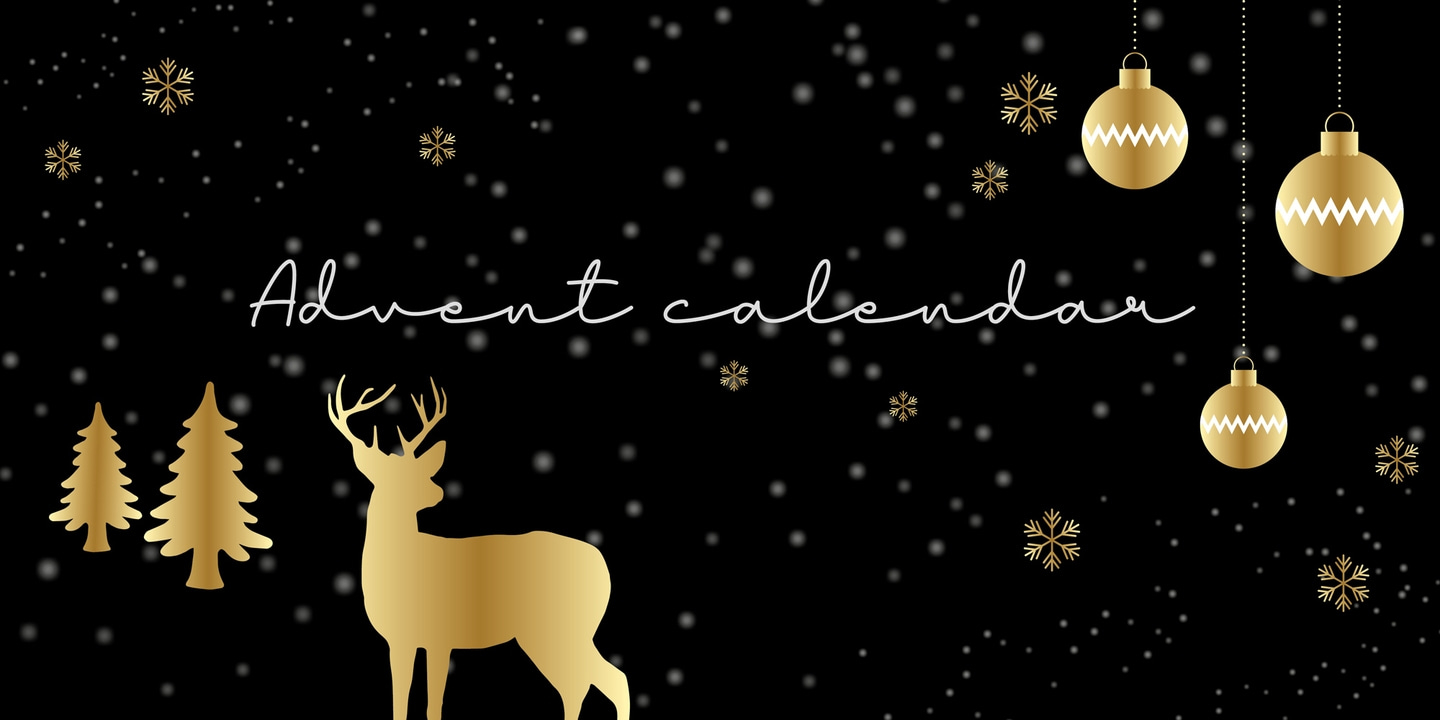 Advent calendar design with golden ornaments, reindeer, and snowflakes on a black background.