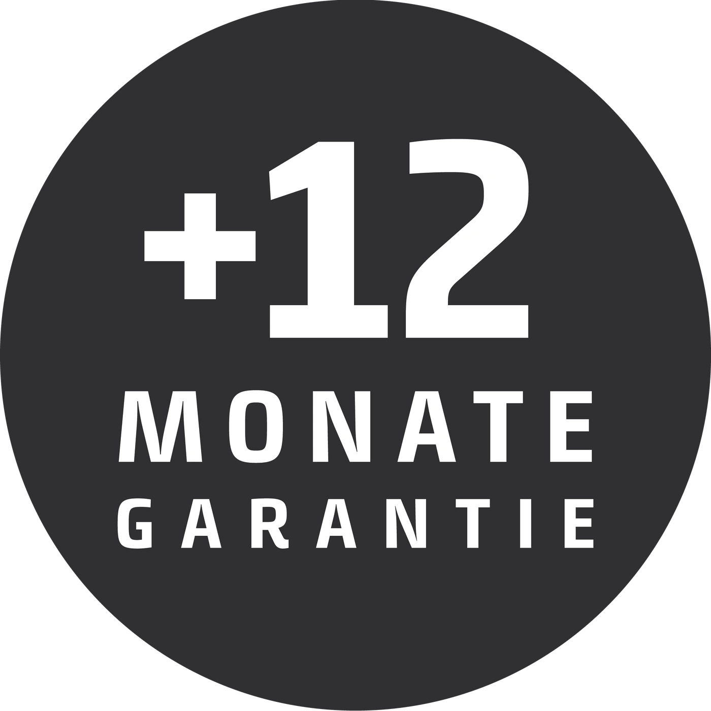 Kreis mit Text: +12 MONATE GARANTIE, Garantie für 12 Monate, schwarz-weiß