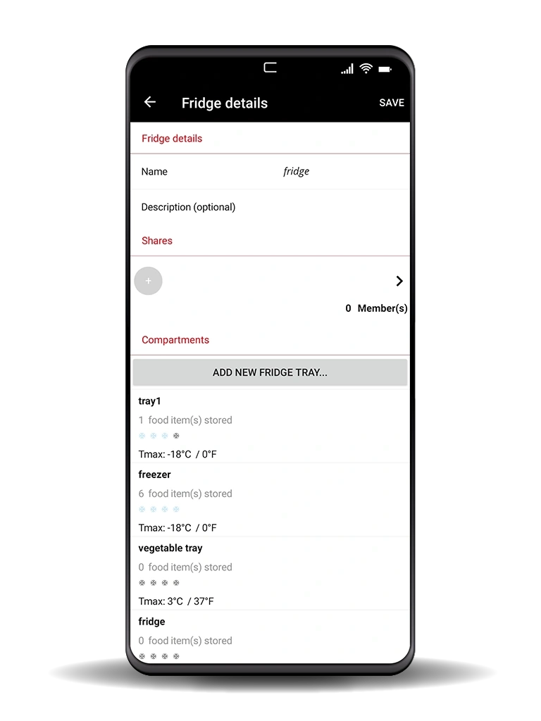 Mobile app displaying fridge details: name, description, shares, and compartments.