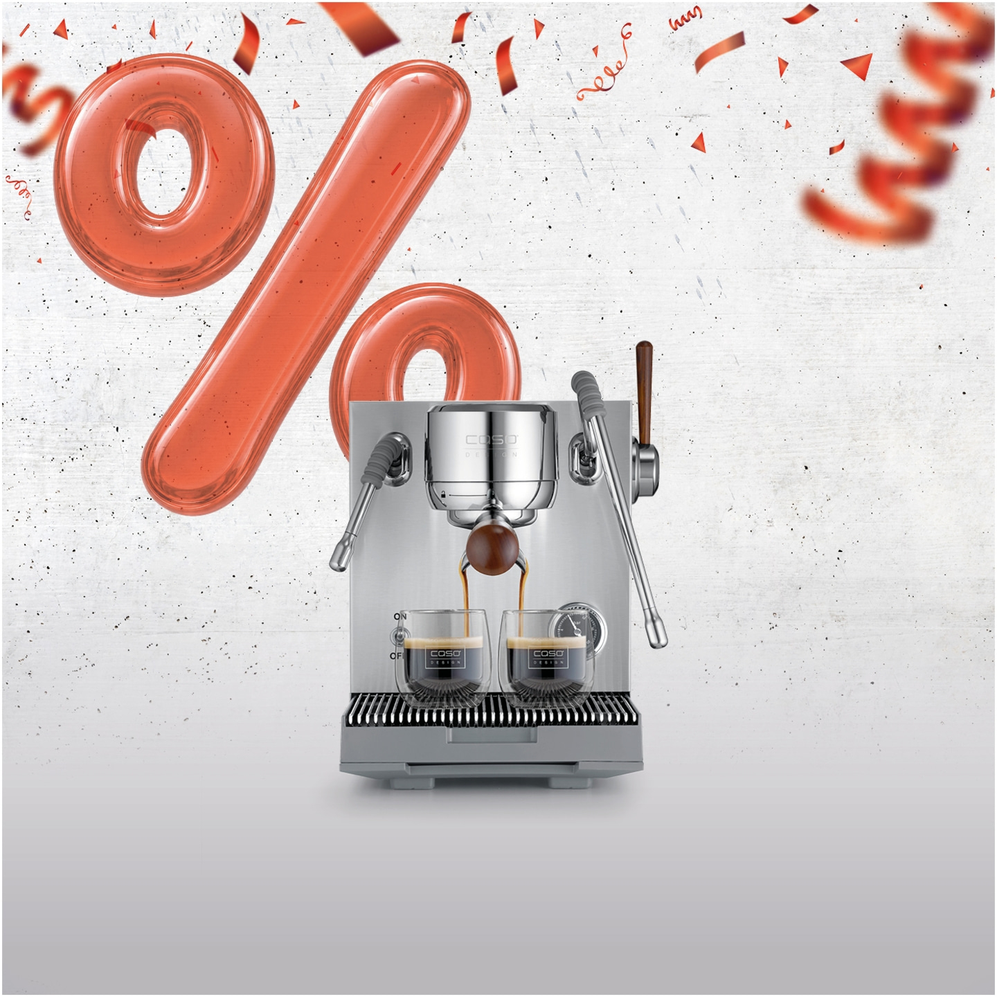 Espresso machine with percentage signs and confetti for a discount.