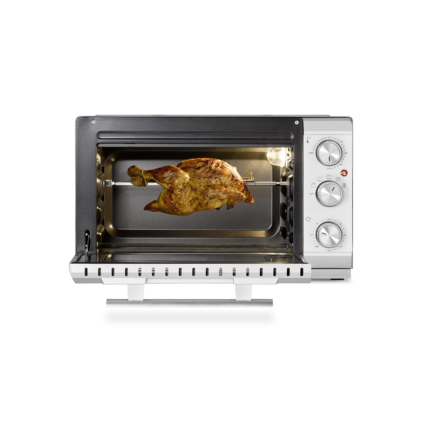 Ofen mit Brathähnchen, Drehspieß, Temperaturregler, Kochgerät, Küche
