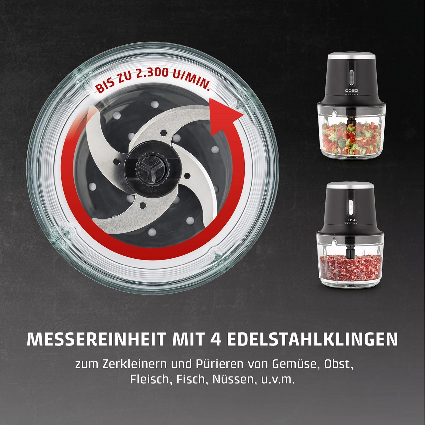 Ein Küchenzerkleinerer mit 4 Edelstahlklingen, der bis zu 2.300 U/min erreicht.