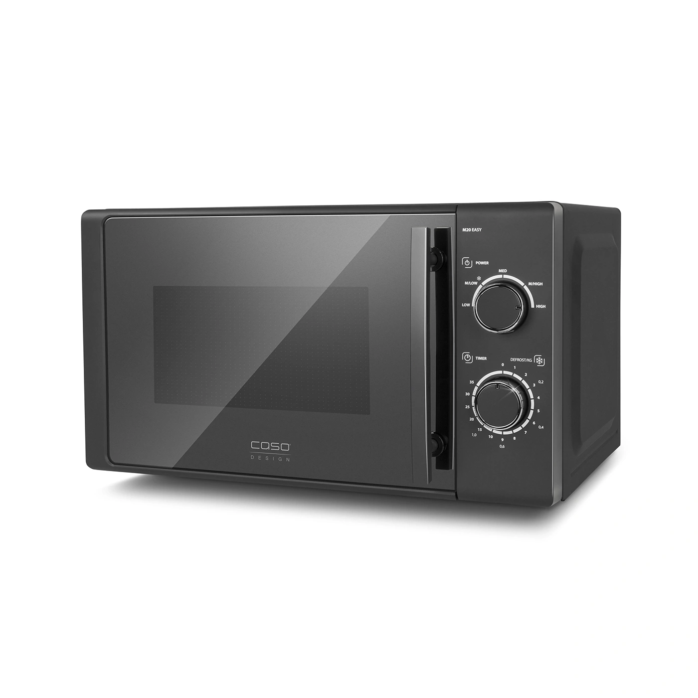 Microwave oven, black, Caso Design, control panel, timer, power settings, defrost, kitchen appliance