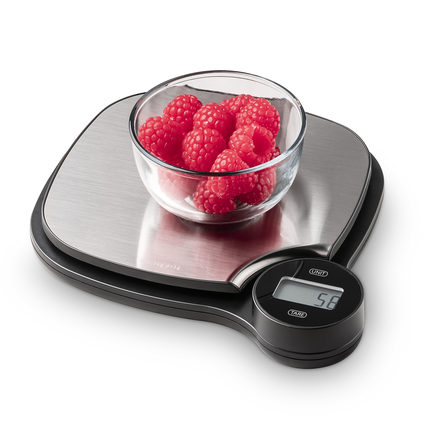 Raspberries in a glass bowl on a scale, weighing 58 grams.