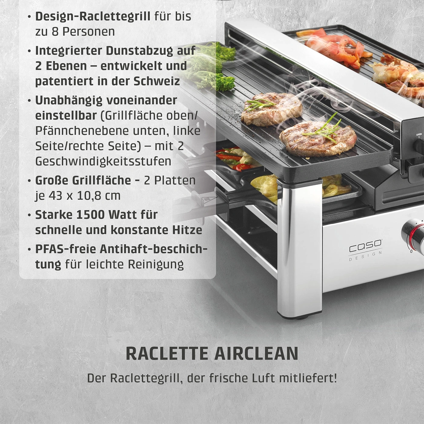 Ein Raclettegrill mit integriertem Dunstabzug und Grillfläche für bis zu 8 Personen.