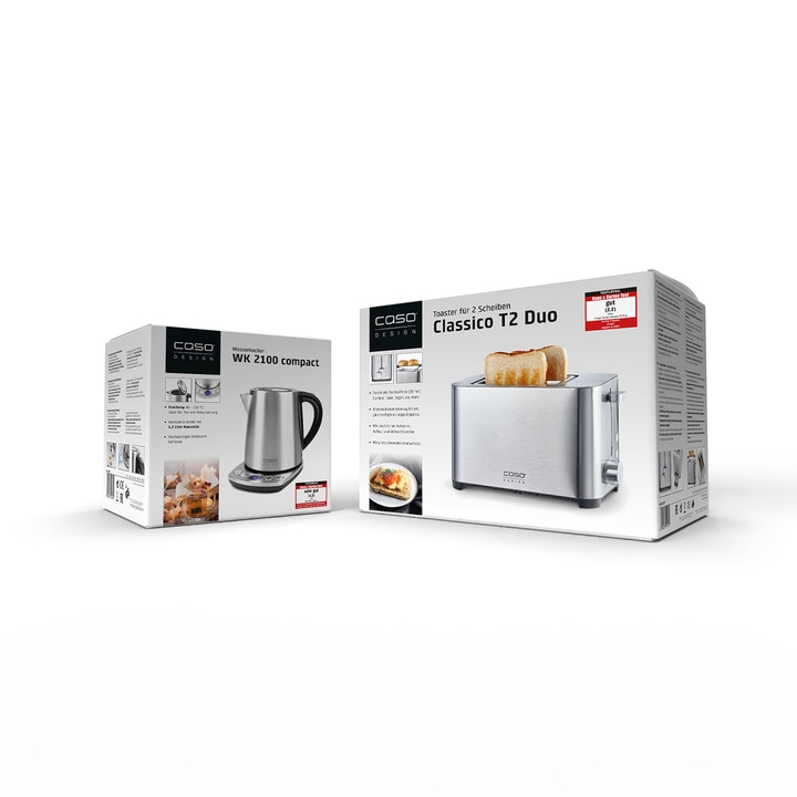 Zwei Küchengeräte: Wasserkocher und Toaster, beide von Caso Design.