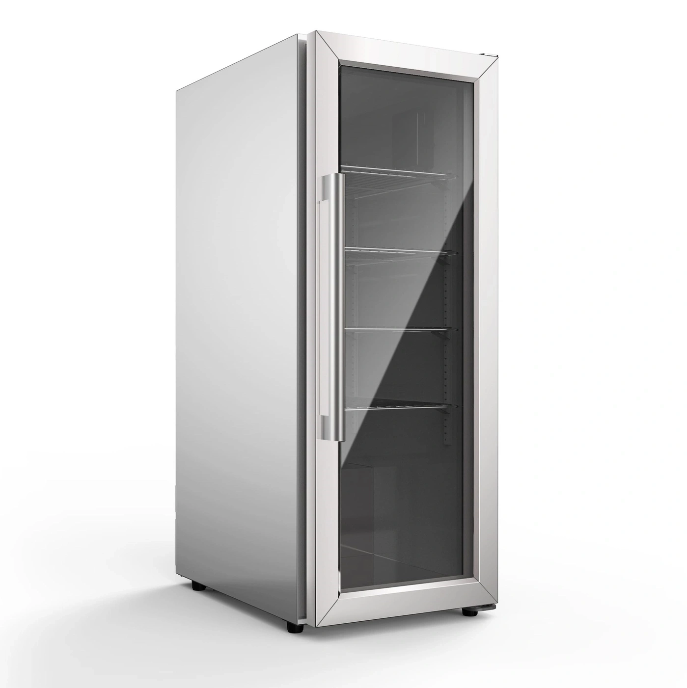 Refrigerator with glass door, stainless steel, wine, drinks, storage, modern, isolated