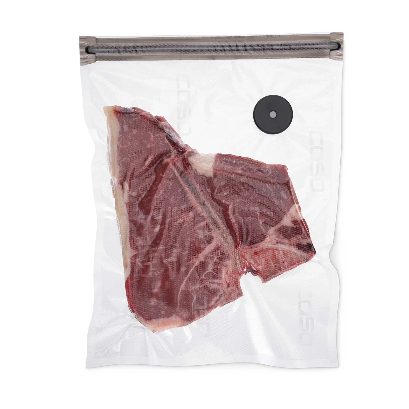 T-bone steak in a vacuum-sealed bag, ready for cooking or storage.