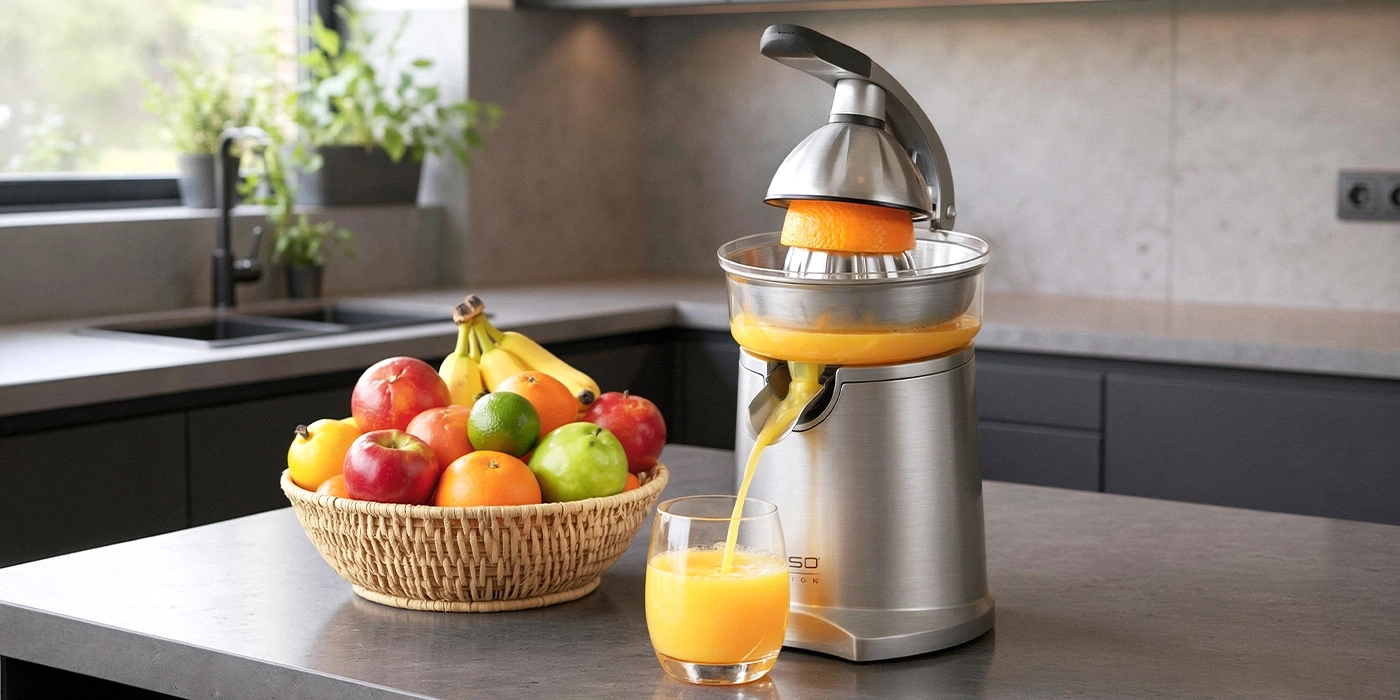 An electric citrus juicer squeezes an orange, with a glass of orange juice and a fruit bowl nearby.