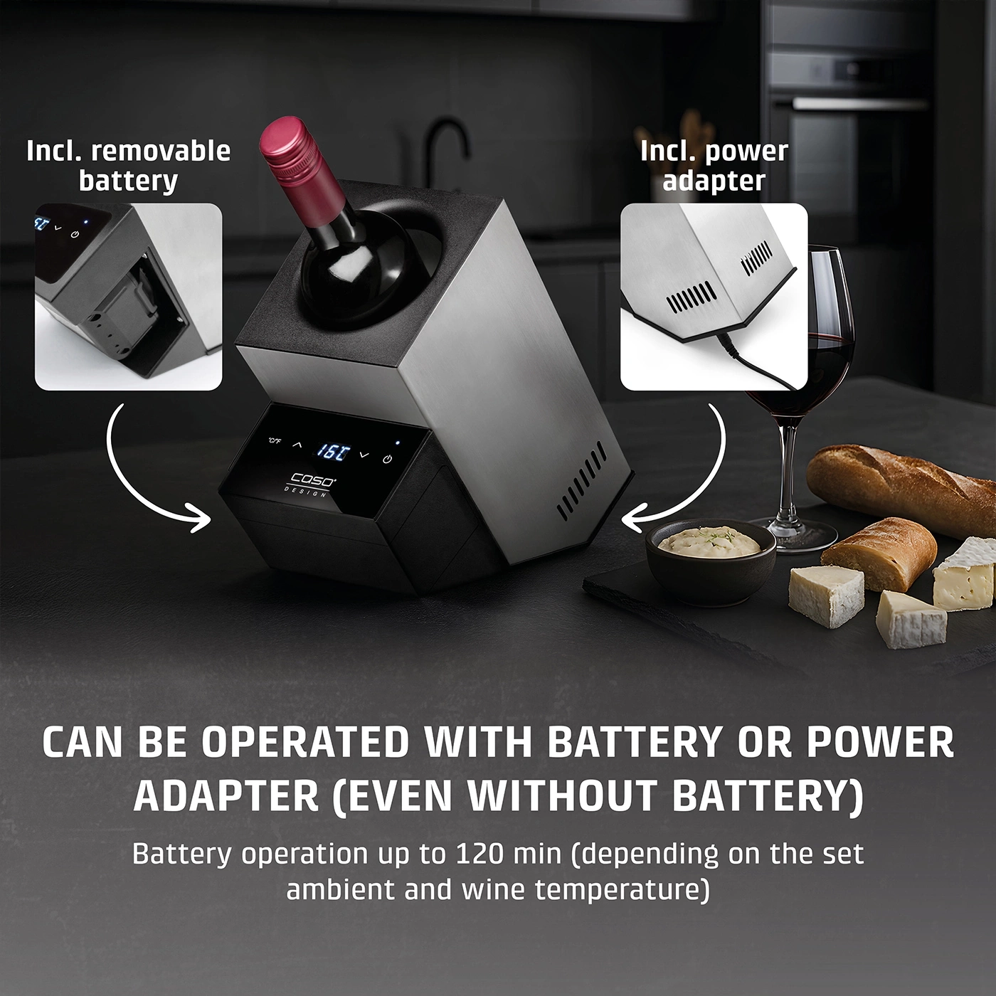 Wine cooler with battery and power supply, bread, cheese and wine