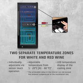 Wine cooler with two temperature zones, sensor touch, and LED display for white and red wine.