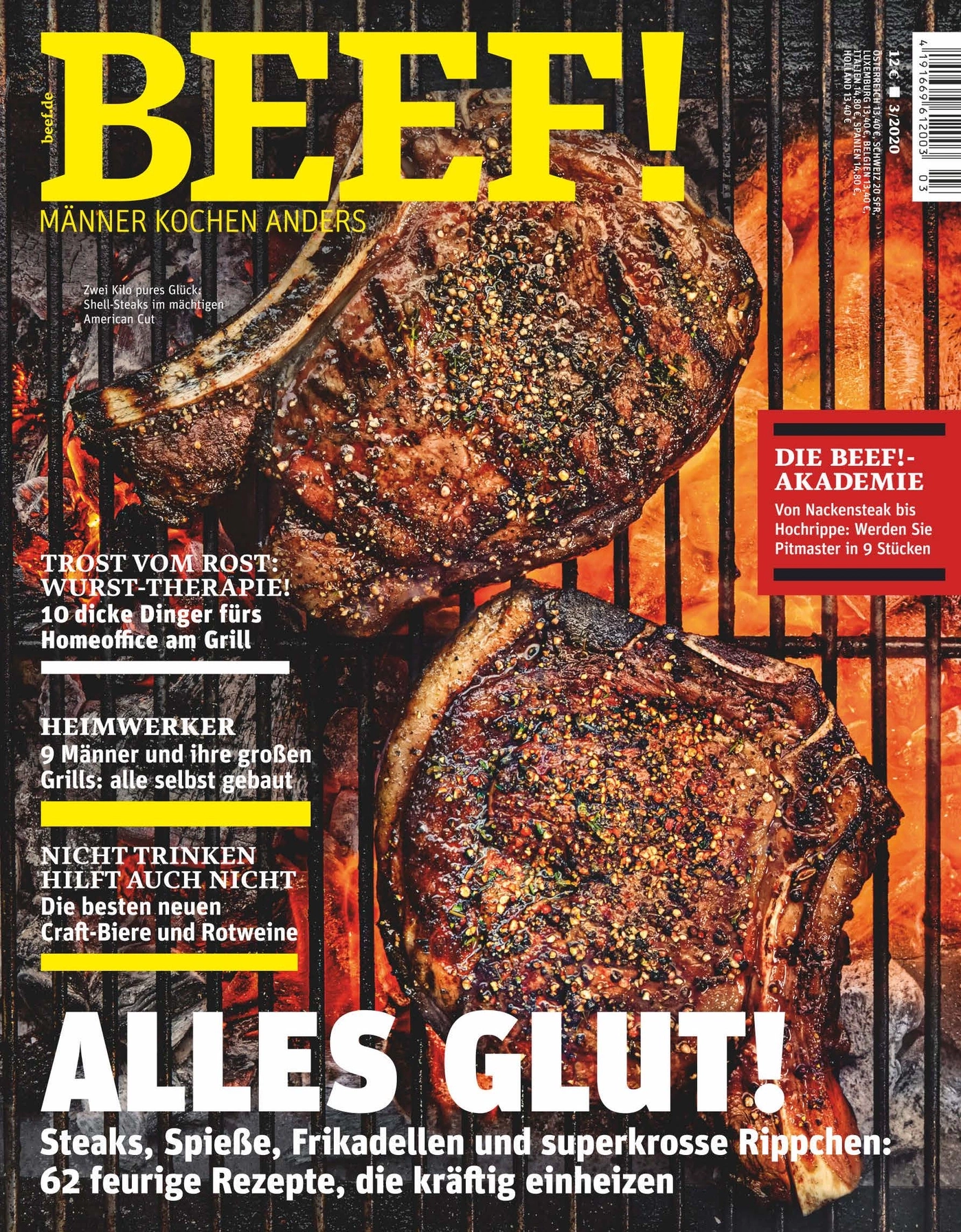 BEEF! Magazin Cover: Gegrilltes Fleisch, Rezepte, Männer, Grillen, Bier, Rotwein, alles Glut!