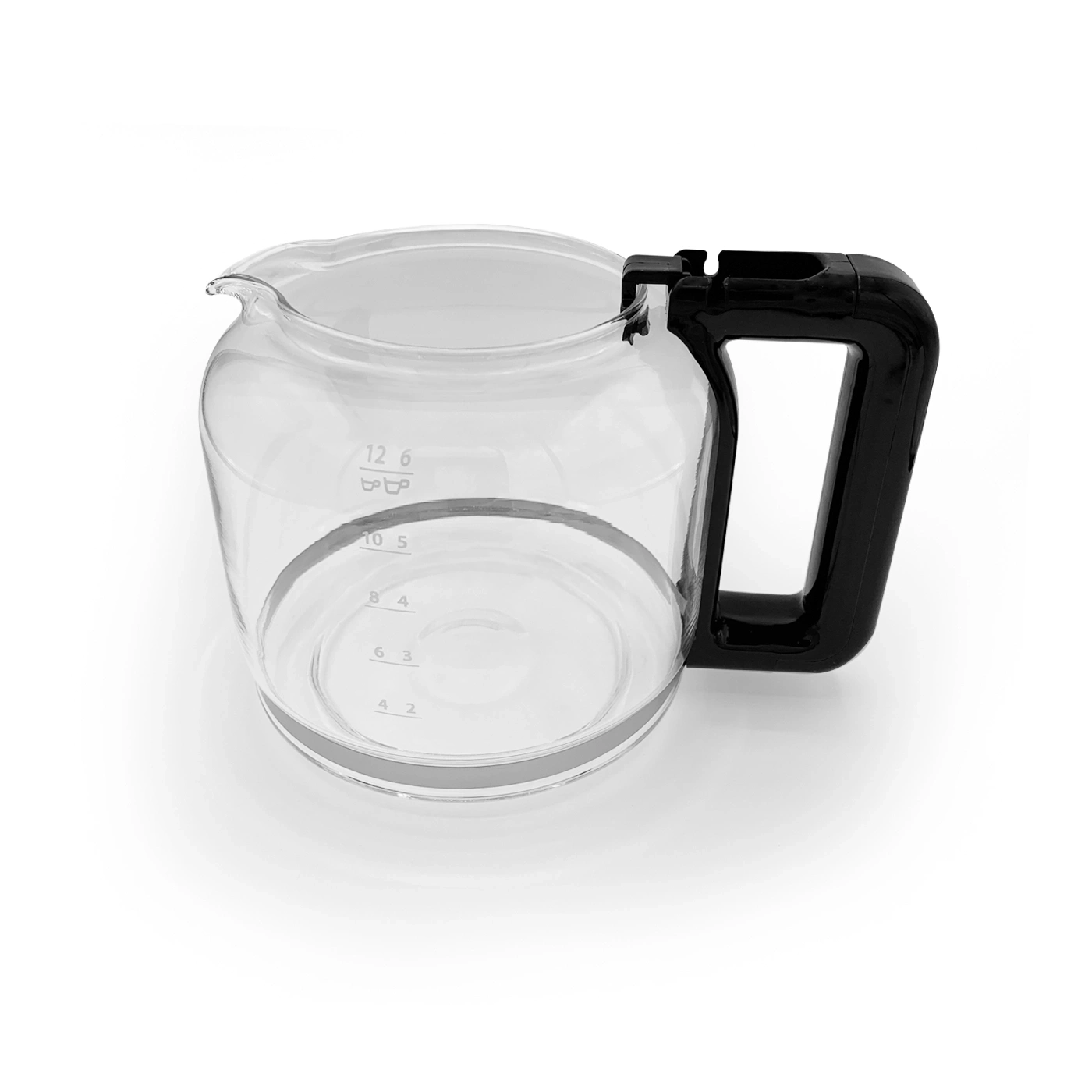 Glass coffee pot with black handle and measurement scale