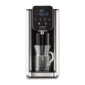 A water dispenser with a digital display, dispensing water into a glass.