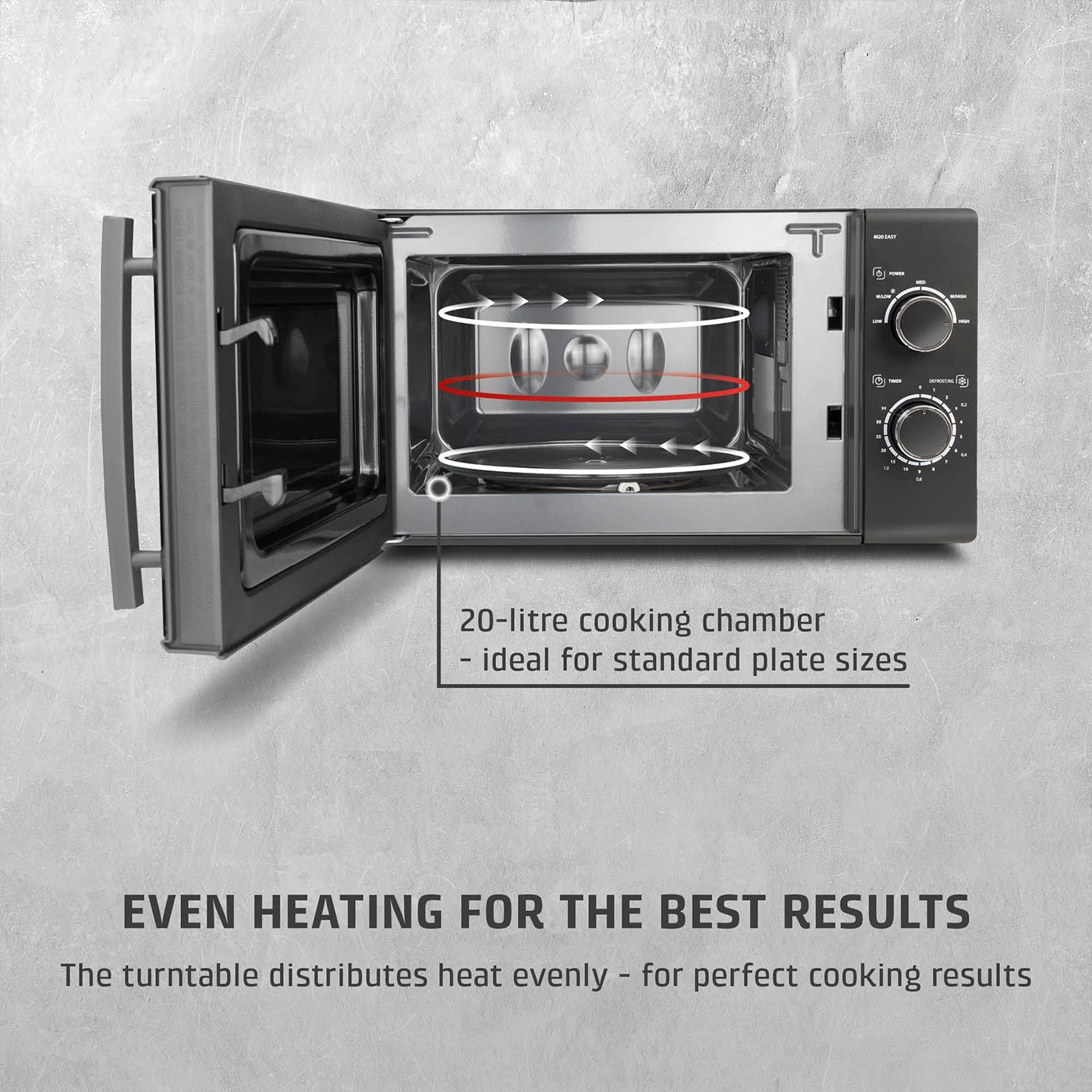Microwave with 20 liter capacity and even heating for best results.