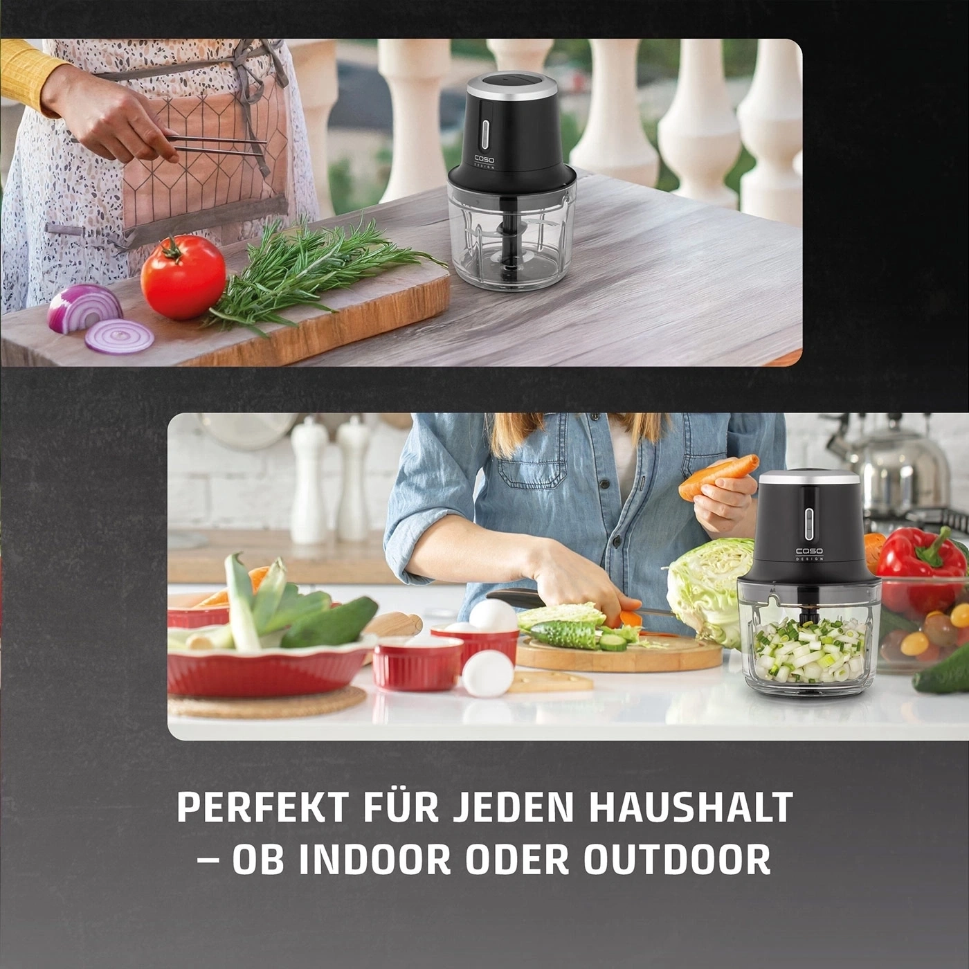 Ein Küchenhelfer zerkleinert Gemüse für den Haushalt, drinnen oder draußen.
