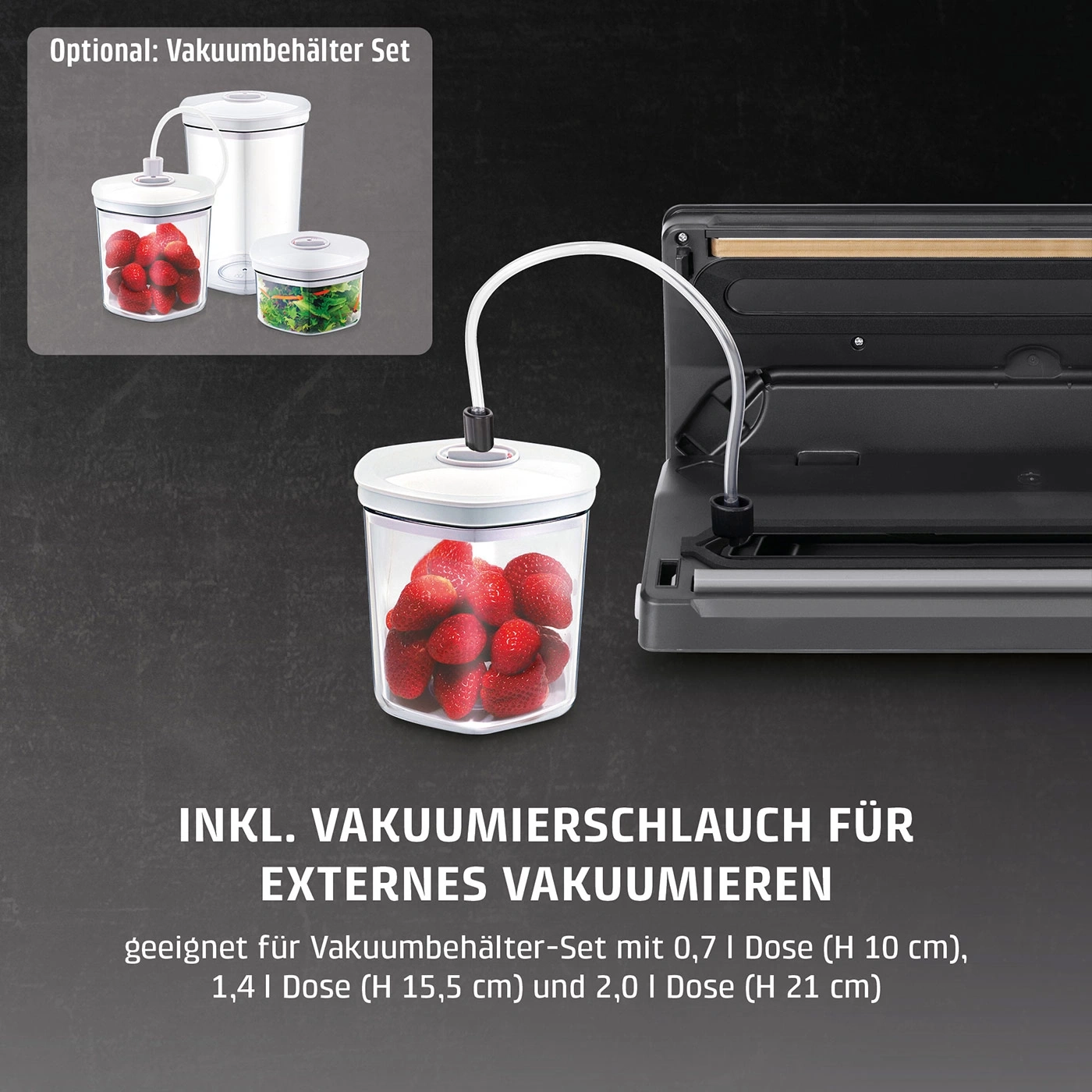 Vakuumiergerät mit Schlauch und Behältern für externes Vakuumieren