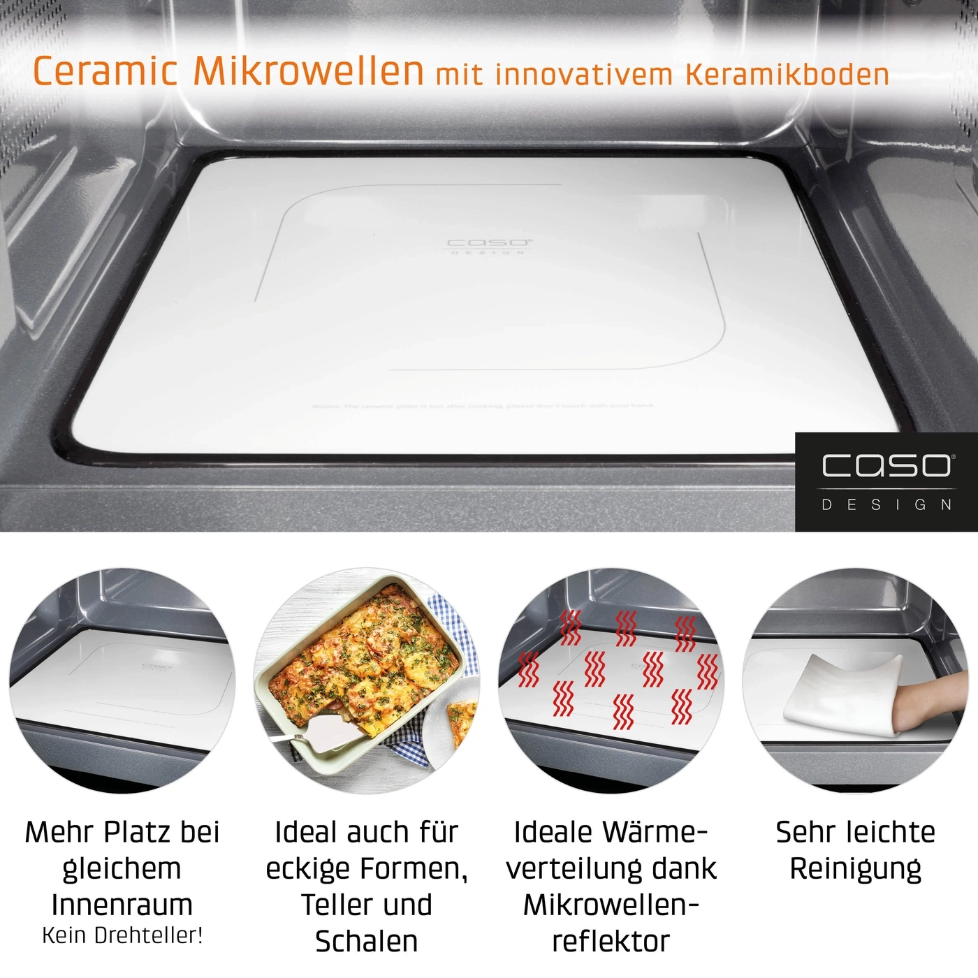 Microwave with ceramic base, ideal for shapes, plates and easy cleaning.
