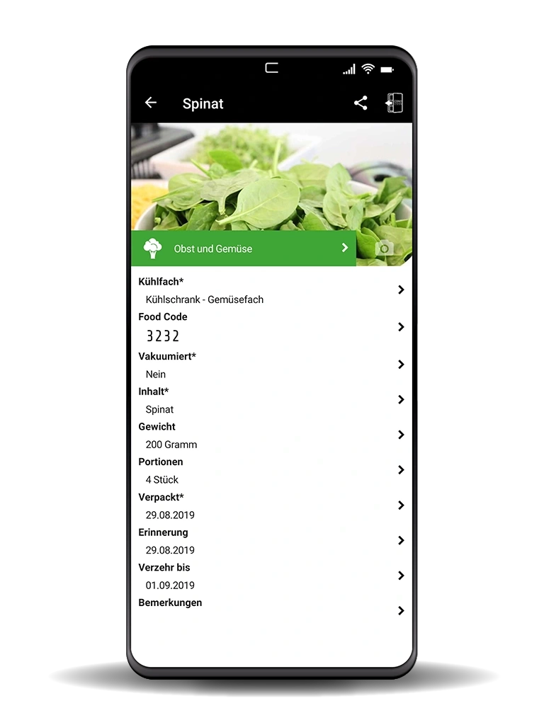 Spinat-App: Details zu Kühlfach, Inhalt, Gewicht, Portionen und mehr.