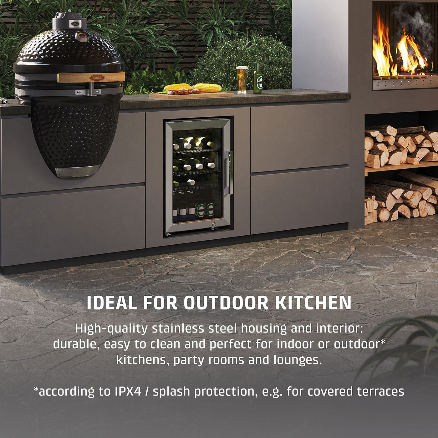 Outdoor kitchen with grill, refrigerator, fireplace and text.