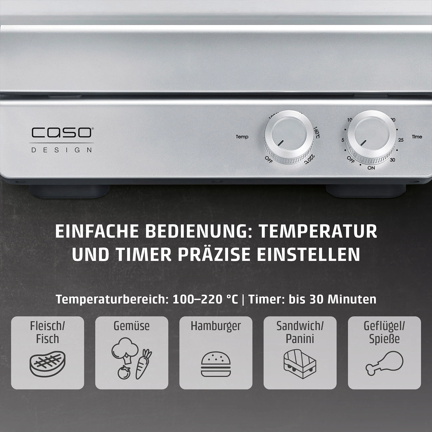 Eine metallische Kontaktgrill mit zwei Knöpfen und Symbolen für Fleisch, Gemüse, Hamburger, Sandwich und Geflügel.