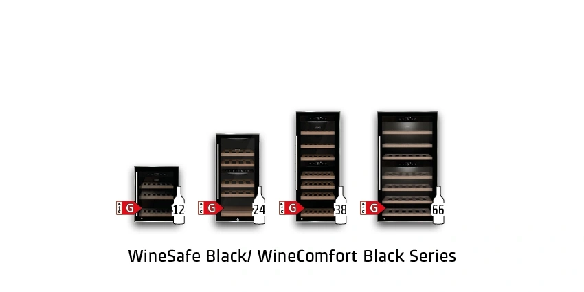 WineSafe Black/ WineComfort Black Series wine coolers with capacities ranging from 12 to 66 bottles.