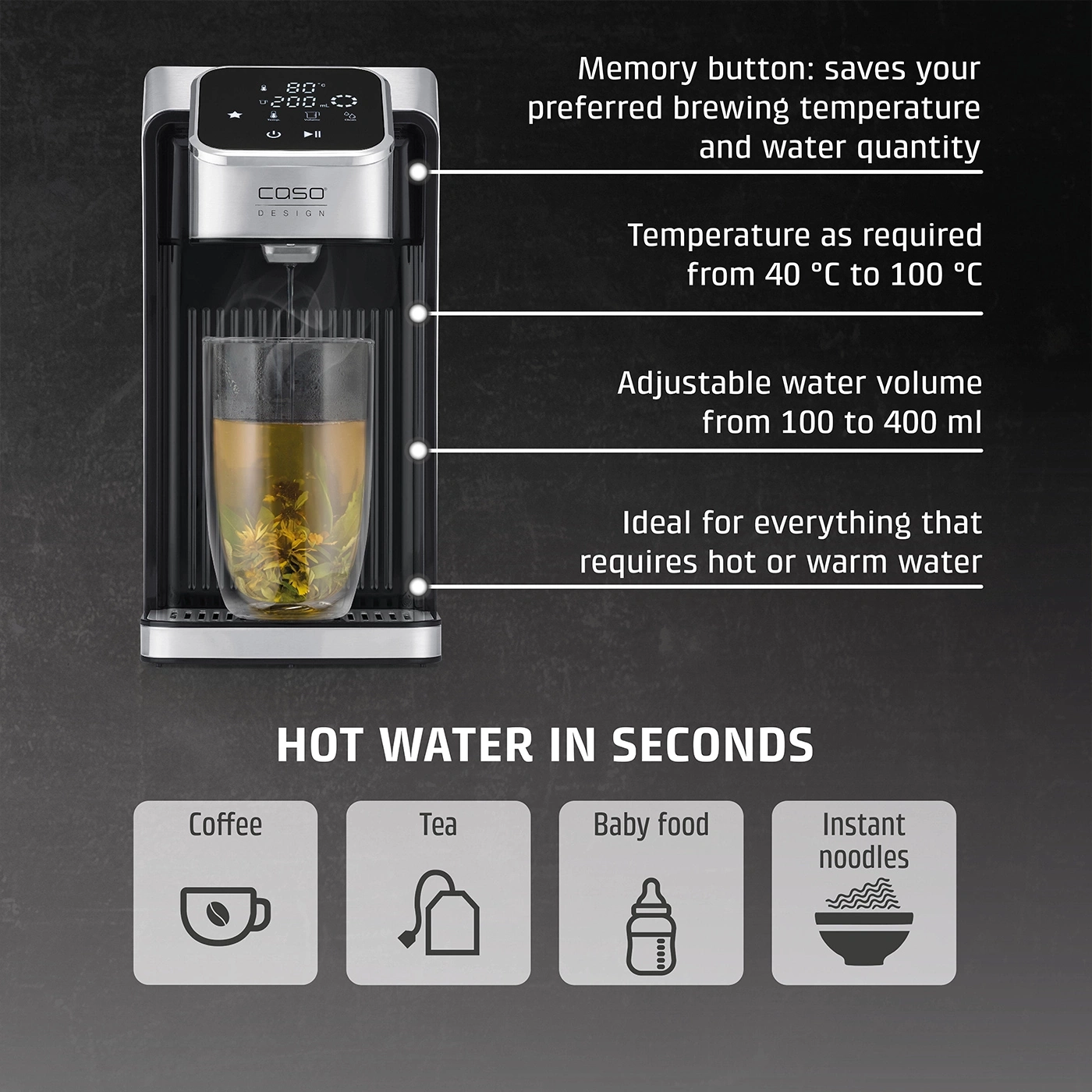 Hot water dispenser for coffee, tea, baby food, and instant noodles with temperature and volume settings.
