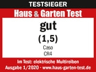 Testauszeichnung für elektrische Multireiben. Bewertung: gut (1,5) von Caso CR4. Ausgabe 1/2020.