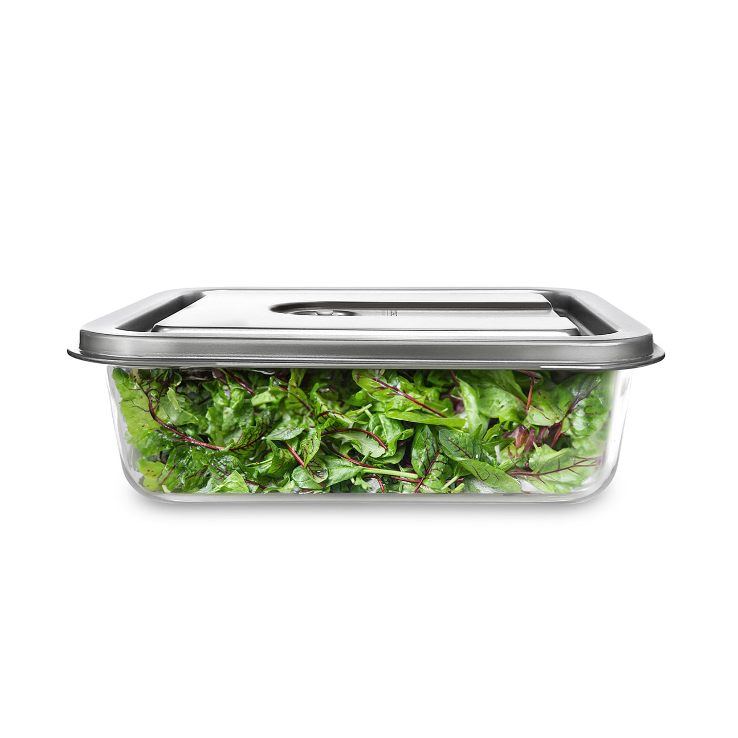 Glass container with salad, metal lid, rectangular, isolated, white background