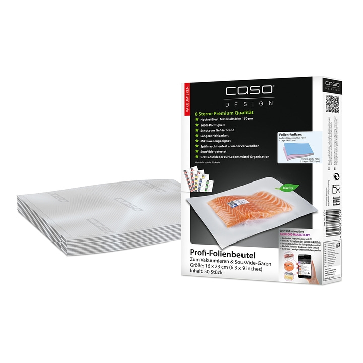 Caso Profi-Folienbeutel, Vakuumieren & SousVide-Garen, 16x23cm, 50 Stück, BPA-frei