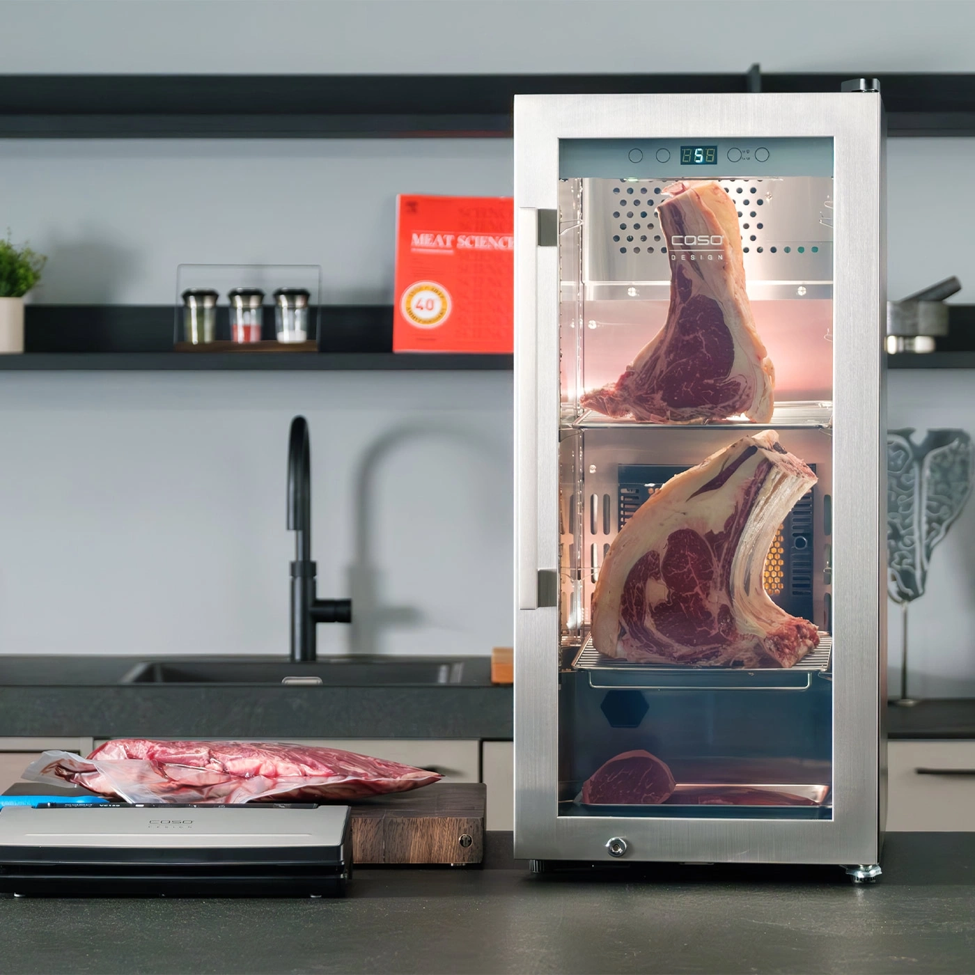 Meat aging cabinet with meat pieces, kitchen, food, stainless steel