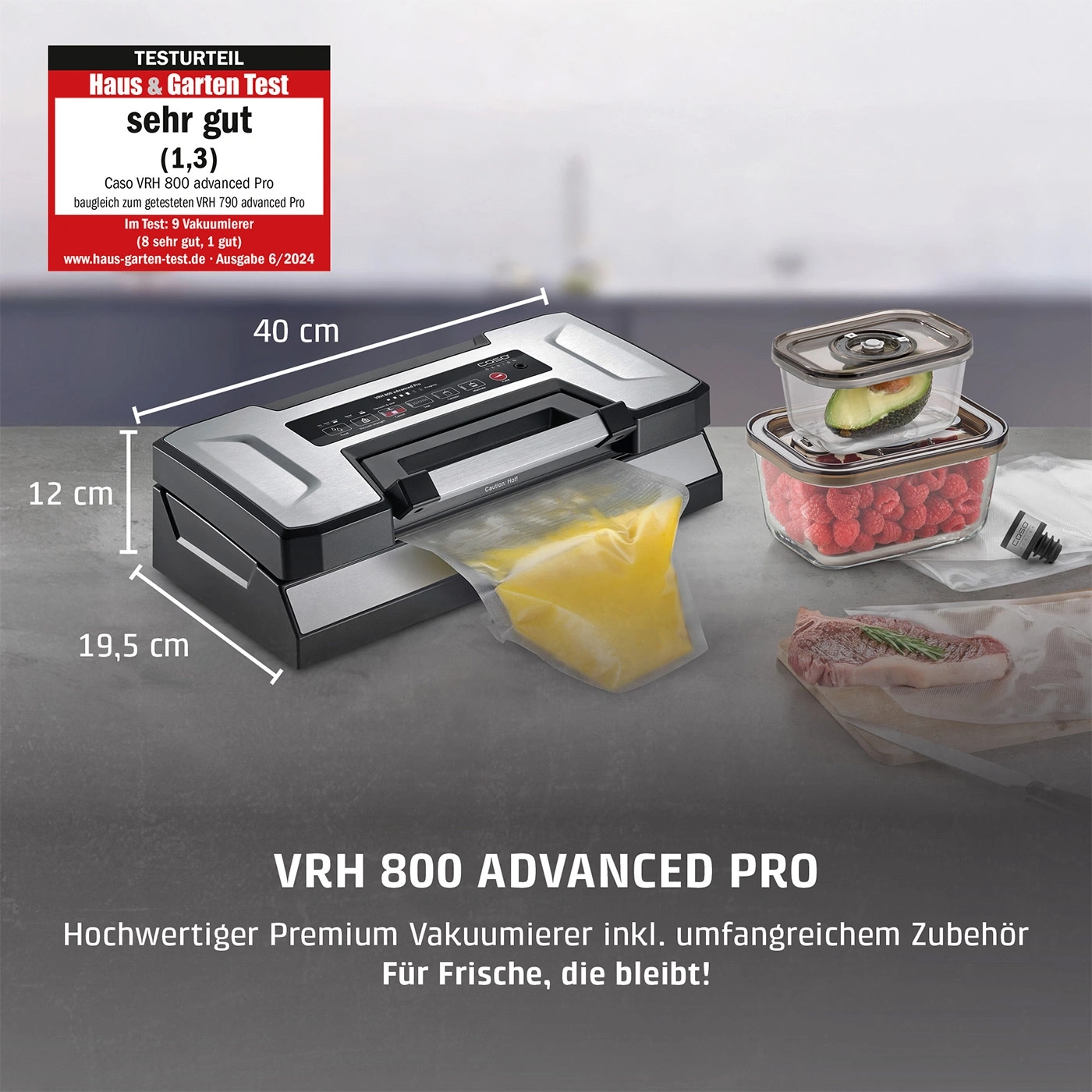 Ein Vakuumierer VRH 800 Advanced Pro mit Zubehör und Maßen.