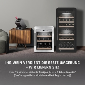 Wine cooler display with text: Your wine deserves the best environment.
